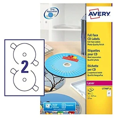 Immagine di Avery L7676 100 etichette bianche opache per CD, 117 mm, A4, 200 / fogli