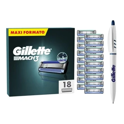 Immagine di Gillette Mach3 LAMETTE DA BARBA, 18 RICAMBI (da 3 Lame), Microaletta Protettiva, Ottimo Scorrimento con STRISCIA LUBRIFICANTE, Fino a 15 RASATURE 1 LAMETTA + PENNA INCLUSA