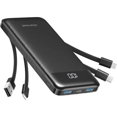 Immagine di Charmast Batteria esterna 10000mAh con 4 Cavi Integrati Portatile USB C Sottile Power Bank 6 Uscite e 3 Ingressi per iPhone 12 13 11 Samsung S21 S22