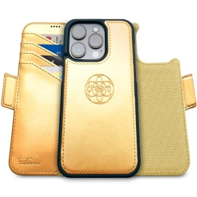 Immagine di dreem Fibonacci compatibile con iPhone 15 Pro Max custodia a portafoglio/custodia antiurto 2 in 1 e folio pelle vegana staccabile, MagSafe, protezione RFID [Oro]