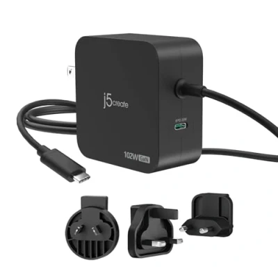 Immagine di j5create 102W GaN Caricabatterie USB C a 2 porte con adattatore da viaggio UE/UK/US/AU, compatibile MacBook Pro/Air, iPhone 16/15, iPad, Galaxy S24 (JUP25102V)