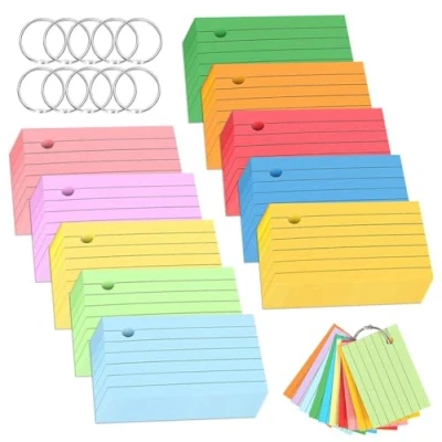 Immagine di 1000 Flash Cards Cartoncini A8 Index Study Carte di Vocabolario per Appunti 7.4 x 5.1cm con 10 Anelli Rilegatura Colori