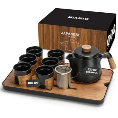 Immagine di MIAMIO set da tè giapponese/cinese 6 x 100 ml/teiera asiatica 620 ml con infusore per tè, di tazze tradizionali giapponesi amanti del tè/uomini/donne (Nero)