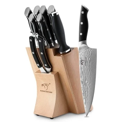Immagine di NANFANG BROTHERS Set di Coltelli da Chef Damasco, Ceppo in Legno Faggio con Cucina, Giapponese Cucina VG10 Steel 67 Strati Damasco