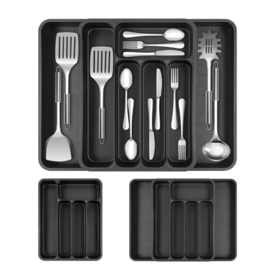 Immagine di AiQInu Portaposate da Cassetto, Organizer Cassetti Cucina Espandibile, Porta Posate, per Cucchiai, Forchette e Coltelli, Grande, Nero, 50x36x5.3cm