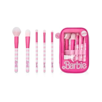 Immagine di Barbie Set di Pennelli per trucco da donna Frullatori bellezza con custodia cerniera in rosa il viso morbida a righe e borsa finestra trasparente