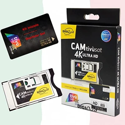 Immagine di TiVuSat DIGIQuest Scheda UHD nera 4K e EasyMouse Ultra HD SmartCam di Modulo CI+ nero incluso, UHD, canali Italiani HD/4K via satellite Eutelsat HotBird 13,0 est