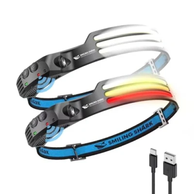 Immagine di Smiling Shark Lampada Frontale, 2 Pezzi 230Angolo Ampio 3*Strisce Luce Multi Color Super Brillante Ricaricabile Sensore di Movimento Faro Impermeabile Campeggio, Torcia Frontale LED Camping