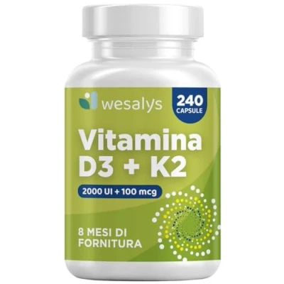 Immagine di Vitamina D3 K2 240 Capsule (8 Mesi), Vitamin 2000 UI + 100 µg K, Supporta Ossa, Articolazioni e Sistema Immunitario, Vit Menachinone