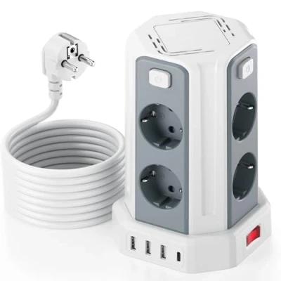 Immagine di 5 M Torre Ciabatta Elettrica Multipresa, con 8 Prese e 3 USB A+1 C, protezione Sovratensione interruttori indipendenti, F (Schuko) Bianca