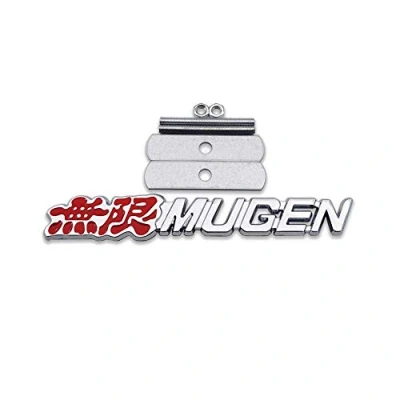 Immagine di Logo Mugen in metallo cromato di alta qualità 3D per auto da corsa, adesivo Turbo Power (argento e rosso, griglia anteriore)