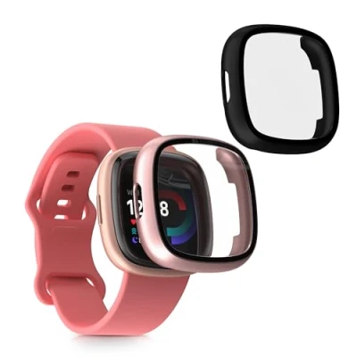 Immagine di kwmobile 2X Custodia Rigida Smartwatch Compatibile con Fitbit Versa 4 / Sense 2 Cover Case Vetro Temperato Orologio Fitness Nero/Rosa Antico