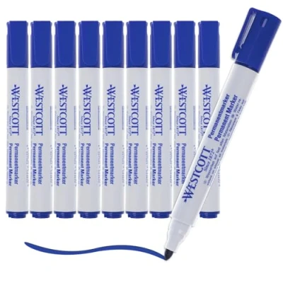 Immagine di Westcott Pennarello indelebile blu Confezione risparmio da 10 pennarelli impermeabili punta tonda 1,5 3,0 mm resistenti alla luce, ad asciugatura rapida, a prova di sbavature E 713007 00