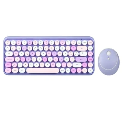 Immagine di Perixx PERIDUO 713PP ES Set di mouse e mini tastiera wireless 2,4 GHz, tasti rotondi stile retrò, per PC tablet, viola pastello, spagnolo QWERTY