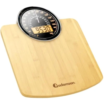 Immagine di Adamson Bilancia Pesapersone Ibrida + Digitale &amp; Analogica 2 in 1 Fino a 180 kg Ampio Display con Retroilluminazione Robusto Vetro Temperato Lettura Facile NUOVO 2024 Legna