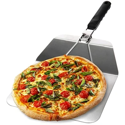 Immagine di COM FOUR® pala per pizza in acciaio inox e torta con manico pieghevole spingipizza pizza, tarte flambée, panini pane (color argento/nero angolare)