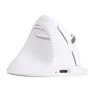 Immagine di DeLUX Mouse Verticale Wireless, Ergonomico per Mancini, 800/1200/1600/2400/4000 DPI, Connessione Multi Dispositivo USB e BT, 6 Pulsanti, Ricaricabile, Cavo da 1,6 m, Mac OS/Windows(Bianca)
