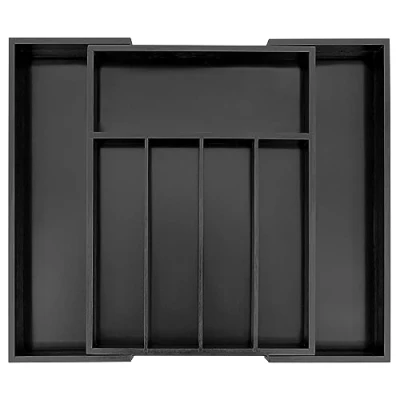 Immagine di VaeFae organizer per posate in bambù, espandibile cassetti da cucina, portaposate, porta utensili legno, portaoggetti multifunzione (nero)