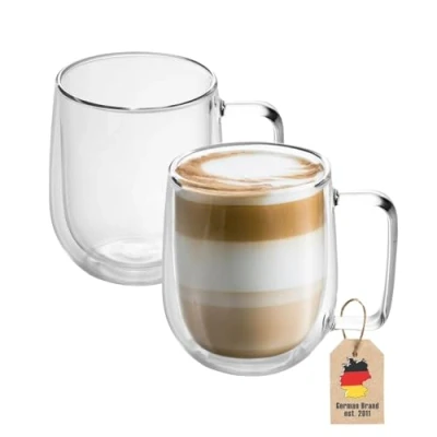 Immagine di Intirilife 2x set di bicchieri termici a doppia parete 150 200ml soffiati bocca isolati per cappuccino espresso, da tè caffè latte macchiato, effetto galleggiante con manico