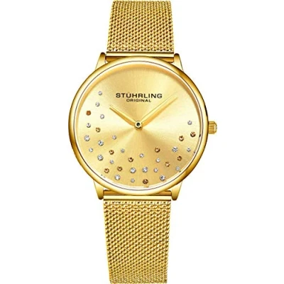 Immagine di STUHRLING Orologio da donna originale Krystal quadrante analogico, cinturino in maglia di acciaio inossidabile 3928 orologi per la collezione delle donne, Oro, Bracciale