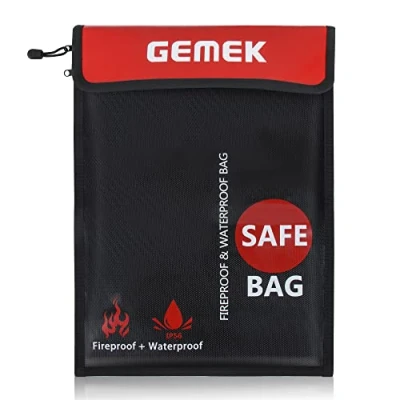 Immagine di Borsa portadocumenti ignifuga e impermeabile 38 x 28 cm 23 18 cm, GEMEK custodia organizzatore resistente all&#039;acqua al fuoco per documenti A4 A5,file,contanti,gioielli (Nero 2 cerniere)