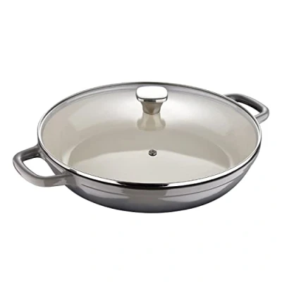 Immagine di MasterPro Unique Casseruola da Cucina Bassa con Coperchio Pentola 30,5 cm Colore Bianco Fabbricata in Ghisa Manici Ergonomici Per Tutti i Tipi di Piani Cottura