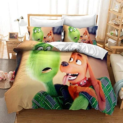 Immagine di Nichiyo, set di biancheria da letto The Grinch copripiumino e federa, microfibra, stampa digitale 3D (copripiumino + federe) (10, singolo 135 x 200 cm)