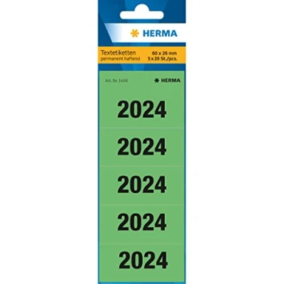 Immagine di HERMA 1684 adesivi con numeri annuali 2024 per raccoglitori, 100 pezzi, 60 x 26 mm, 5 foglio, autoadesivi, opachi, di carta, verde