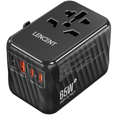 Immagine di LENCENT GaN3 65W Adattatore da Viaggio Universale, Caricatore Rapido con 2 PD3.0 Type C+2 QC USB A, di Alimentazione per Telefoni, PC, Tutto in Uno Spina Viaggi EU/UK/USA/AUS Nero