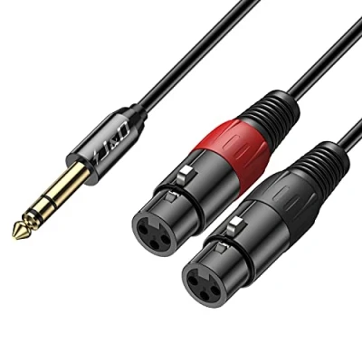 Immagine di J&amp;D 6.35 mm TRS a doppia XLR Cavo Stereo, PVC Sgusciato 2 Femmina 6,35mm Maschio Unbalanced Audio Stereo Adattatore Patch di Interconnessione per Speaker Mic Mixer, 2,7 Meter