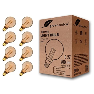 Immagine di greenandco 8x lampadina a LED di design vintage in stile retrò E27 G95 4W 200lm 1800K 320 230V, ambra, nessun sfarfallio, non dimmerabile
