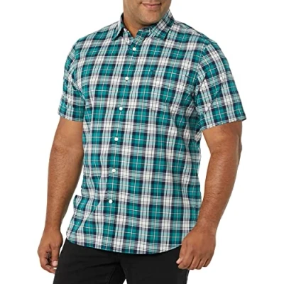 Immagine di Amazon Essentials Camicia in Popeline a Maniche Corte Slim Uomo, Foglia di tè Bianco Motivo Scozzese, XL