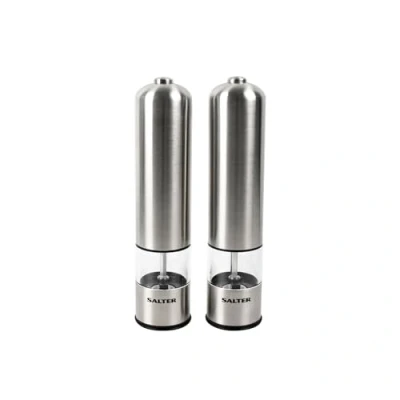 Immagine di Salter Macinapepe elettrico 7722 SSTURA, set di 2 macinini con regolabili per sale, pepe, spezie ed erbe aromatiche, facile da riempire, finitura in acciaio inossidabile spazzolato