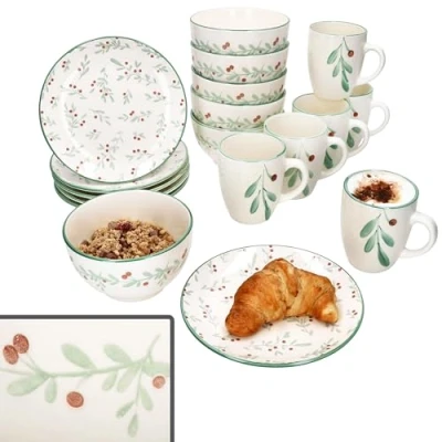 Immagine di MamboCat Holly, set da 18 pezzi, 6 piccoli piatti colazione, ciotola per cereali e tazza caffè persone con decorazione a vischio, Natale