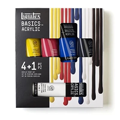 Immagine di Liquitex 3699406 Basics Pittura acrilica, Pigmenti per artisti monopigmentati, Resistente alla luce, durevole nel tempo, Finitura satinata, Set di colori 4 Tubi da 75 ml + 1 Tubo 118