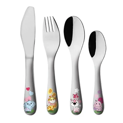 Immagine di EXZACT Posate per bambini 4 pezzi in acciaio inox 1 x Forchetta, Coltelli, Cucchiai Cena, Cucchiaino da tè (con illustrazioni)