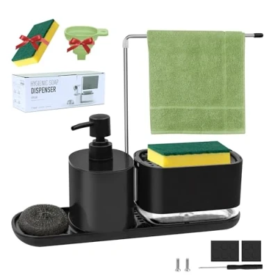 Immagine di Dispenser Sapone Cucina, Set di con Supporto Della Tovaglia, Spugna e Imbuti, 4 in 1 Mano Piatto Dispenser, Detersivo Ricaricabile, per Lavello da Cucina(Nero)