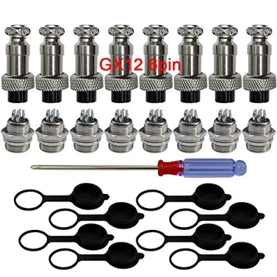 Immagine di QitinDasen 8 Set GX12 6 Pin Aviazione Spina Connettore, 5A 12mm Maschio Femmina Metallo con Gomma Berretto e Cacciavite a Croce