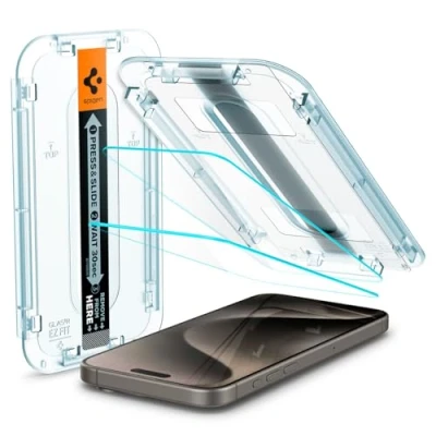 Immagine di Spigen Glas.tR EZ Fit Vetro Temperato compatibile con iPhone 15 Pro Max, 2 Pezzi, Installazione Facile, Cristallino, Durezza 9H Pellicola prottetiva