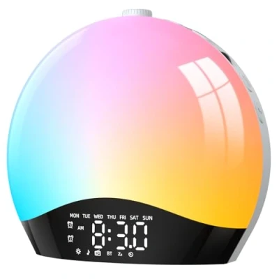 Immagine di LIORQUE Alba Wake Up Light, Sveglia da Comodino con Simulazione dell&#039;Alba, Luce Notturna e Rumore Bianco, Doppia Sveglia, Radiosveglia Radio FM, 20 Livelli di Luminosità, 9 Colori Dinamici