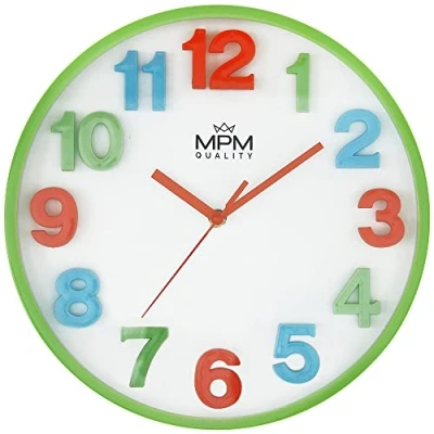 Immagine di MPM Orologio da parete colorato per bambini in plastica, verde/bianco, grandi cifre 3D colorate, giochi indisturbati, movimento al quarzo, adatto soprattutto la cameretta dei bambini, l&#039;asilo,