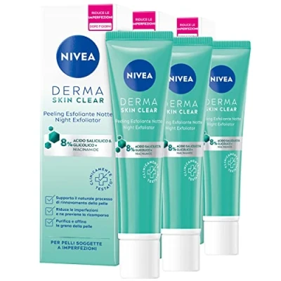 Immagine di Nivea Derma Skin Clear Peeling Esfoliante Notte Antibatterico Formula Vegana con Acido Salicilico Niacinamide Glicolico ad Azione Purificante Rigenerante Anti Imperfezioni 3 Flaconi da 40ml