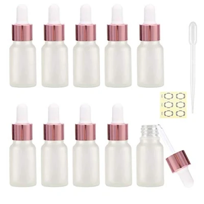 Immagine di Alledomain 10 flaconi in vetro smerigliato da ml con pipette contagocce vuote, mini vuote tappo metallo oro rosa, miscele per aromaterapia, liquidi chimici