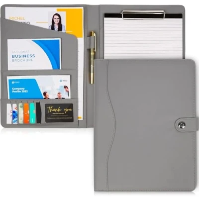 Immagine di AMKSONS Cartellina formato A4, con portablocco e blocco note in pelle PU, scomparti per documenti, portapenne, coperchio chiusura magnetica (grigio)
