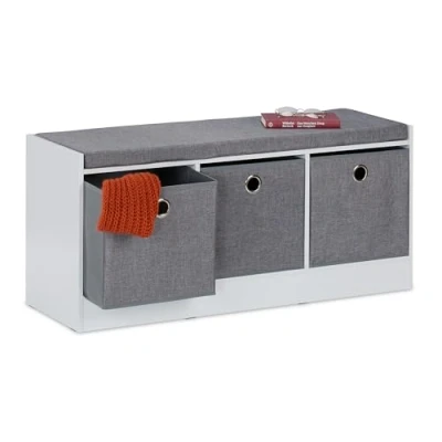Immagine di Relaxdays Panca Contenitore con 3 Cassetti, Cassapanca Ingresso o Camera, HLP: 46x102x32 cm, Porta Scarpe, Bianco Grigio, Fibra di Legno