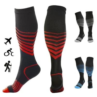 Immagine di Kreori Calze a compressione per uomo e donna, compressione, sport, trekking, ciclismo, volo, corsa, viaggi, gravidanza, infermiere, 15 20 mmHg, Rosso, 1 paio, Large/X Large