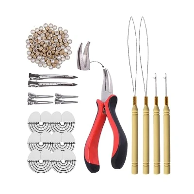 Immagine di Set di strumenti estensione dei capelli: pinze per l&#039;estensione capelli, micro ago e anello in silicone (biondo scuro)