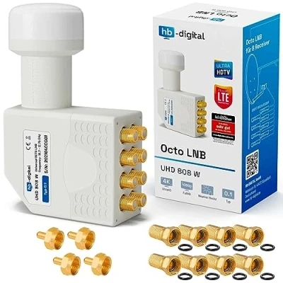 Immagine di hb digital Octo LNB (test molto buono*) Testa LNC per 8 partecipanti direttamente LTE Protected satellite Full HD TV 3D 4K UHD placcato oro protezione dalle intemperie bianco + 16