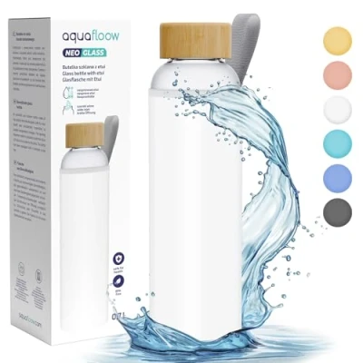 Immagine di Aquafloow Borraccia con Custodia 700 ml in Vetro, Borosilicato Trasparente Coperchio Protettivo e Tappo a Vite Ideale per Lavoro, Scuola, Fitnes Bianco