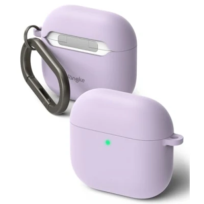 Immagine di Ringke Silicone Case Compatibile con Cover AirPods 4, Custodia Protettiva Resistente ai Graffi Moschettone e Portachiavi Light Purple
